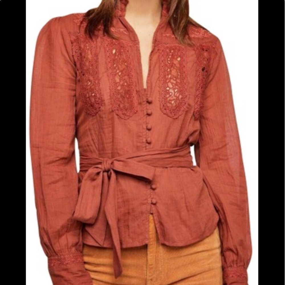 Free People Rust Lace-Front Button Blouse